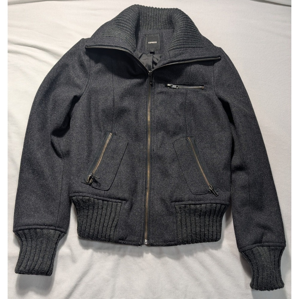 Express Womens Gray Wool Blend Zip Up Bomber Jacket Ribbed Knit Trim XS